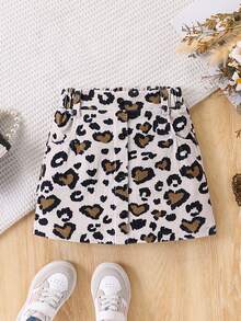 1pc Girls' Leopard Heart Pattern Mini Skirt, Fashionable Versatile Streetwear, Summer - Apricot - View 1