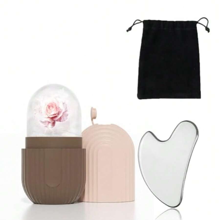 CYPNBandeja para cubitos de hielo faciales y set Gua Sha compuesto por una bandeja para cubitos de hielo a rayas una mini herramienta gua sha y una bolsa de almacenamiento negra para tratamientos faciales con hielo y gua sha. PurpleFashion - Marrón - Ver 1
