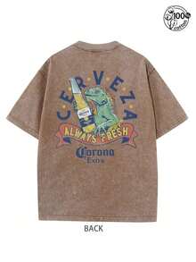 Graphic Tee With A Lizard Holding A Beer;Corona Extra , Always Fresh;Retro Washed T-Shirt With Double-Sided Printed (230G Pure Cotton T-Shirt);Crew Neck, Short Sleeves, Regular Fit, Casual Wear With Design, Streetwear For Men, Men's Fall Clothes, Vintage T-Shirt,Unisex - 黑色 - 查看 8