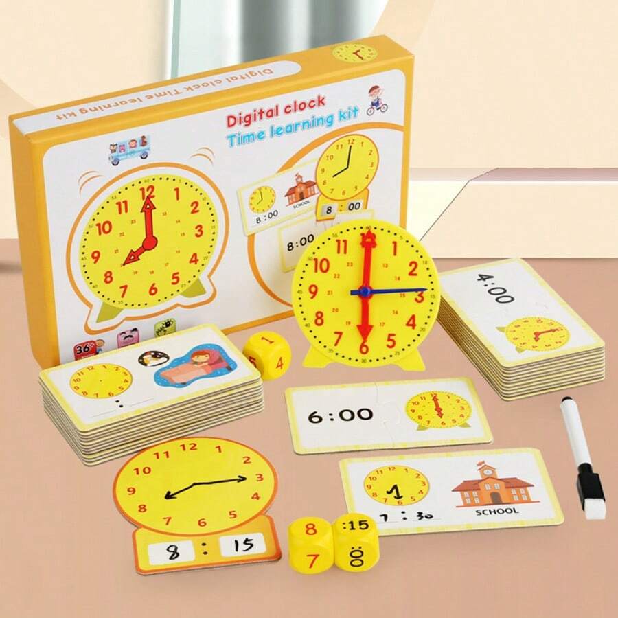 Wooden Early Education Clock Time Learning Set, Grade 1-2 Time Recognition Enlightenment Tool, Home Classroom Time Conversion Training Equipment, Cross-Border Compliant Set - Multicolor - View 1