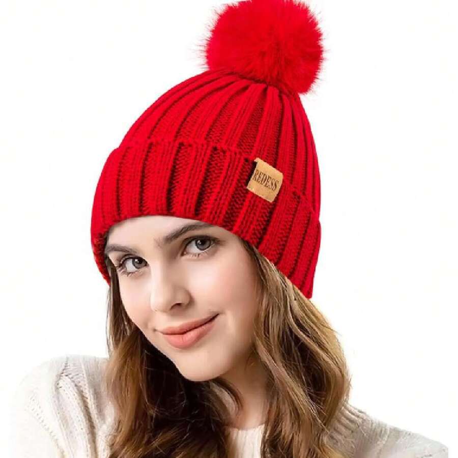 Womens Winter Knitted Beanie Hat Warm Fleece Lined With Pompom Cap Thick Slouchy Snow Knit Skull Ski Cap,38291399 - Đỏ - Xem 1