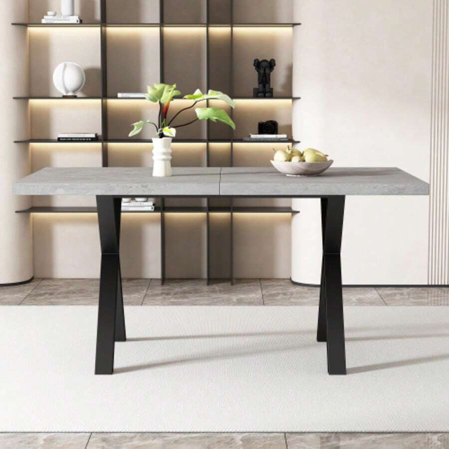 Dining Table, Design With Crossed Legs, Rectangular Dining Table, Coffee Table, Modern, Simple Wrought Iron Dining Table, L140*W80*H76cm, Concrete Look + Black [OLD SKU:N634P243368B] - Grey - View 1