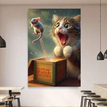 Framed 1pc Wooden Framed Humorous Cat And Mouse Canvas    High Quality Wall Art Prints Poster Direct Hanging Wall Picture Decor For Home Gifts, Christmas Gift, Living Room, Bathroom, Bedroom, Kitchen - Framed - 查看 4