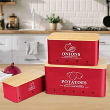 Kitchen Vegetable Storage Set Of 3, Metal Onion Garlic Potato Storage Set, Kitchen Canisters Vegetable Keeper Containers With Aerating Holes And Wooden Lid (Red) - Red - View 3