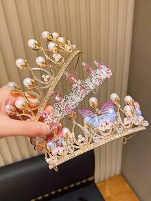 3pcs Shiny Faux Pearl Butterfly Crown Hair Accessories, Suitable For Party & Holiday Hairstyles, Perfect Hair Decor Gift For Cute Girls - Multicolor - View 4