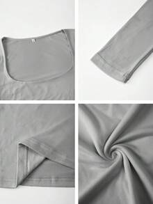 Vaiaye 女士春夏性感修身长袖针织上衣，纯色方领T恤，休闲百搭，简约日常休闲装 - 灰色 - 查看 10