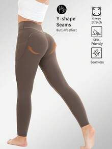 High Waisted Side Pocket Sports Pants For Women, Yoga Leggings, Seamless Fitness Yoga Pants For Spring And Summer Collection - Cà phê nâu - Xem 3