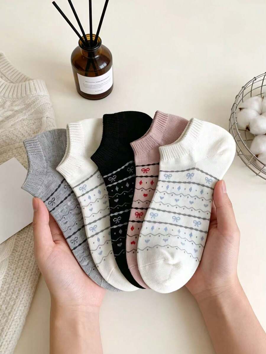 5 Pairs Random Spring/Summer Fair Isle Bow Accent Ankle Socks For Women, Non-Slip - Multicolor - View 1
