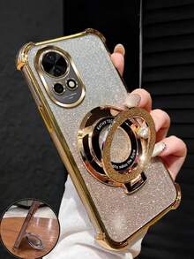 奢华电镀手机壳,创意圆形指环磁吸支架,闪亮水钻风格,新款夏季时尚硅胶防震软壳,兼容三星 Galaxy S24 S25 Ultra FE A56 A16 4G 5G、14C、荣耀 Reno MOTO 等机型,Y2K 风格男女通用 2025 - 金色 - 查看 4