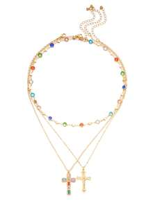3pcs 18K Gold Plated Layered Cross Necklace Set With Rainbow Zirconia, Faith And Grace Crucifix Pendant Necklace Decorated With Colorful Gemstones, Spiritual Protection Gift For Girlfriend, Friend (Diamond Color Randomly Distributed, Cross Diamond Color Randomly Allocated) - Gold - View 3