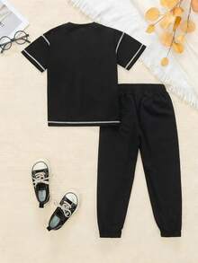 2pcs/Set Toddler Boys' Casual Solid Color Contrast Stripe Short Sleeve Loose T-Shirt And Long Jogger Pants, 4-7 Years Old, Spring/Summer/Autumn - Black - View 4