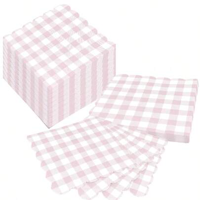 20pcs/40pcs/60pcs/Set Soft Square Pink Plaid Napkins, 2-Ply, 24cm*24cm Opened, Suitable For: Wedding, Tea Party, Birthday Party Decoration, Party Decoration, Party Supplies, Holiday Decoration, Holiday Supplies