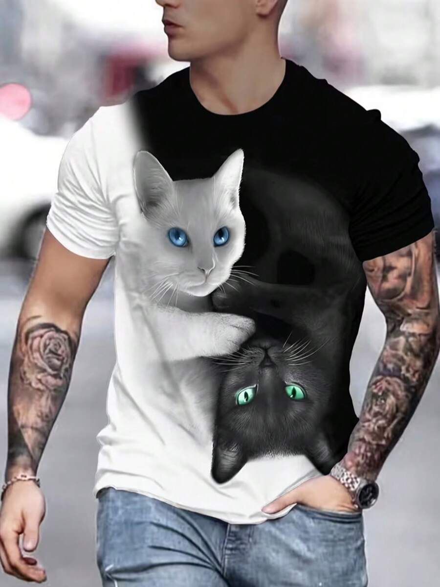 男士休闲3D猫咪印花短袖T恤，夏季 - 彩色 - 查看 1