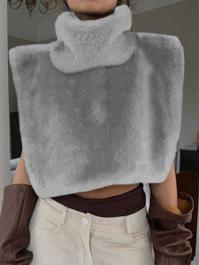 优雅女士绒毛法兰绒高领无袖短款仿皮草保暖内衬外套