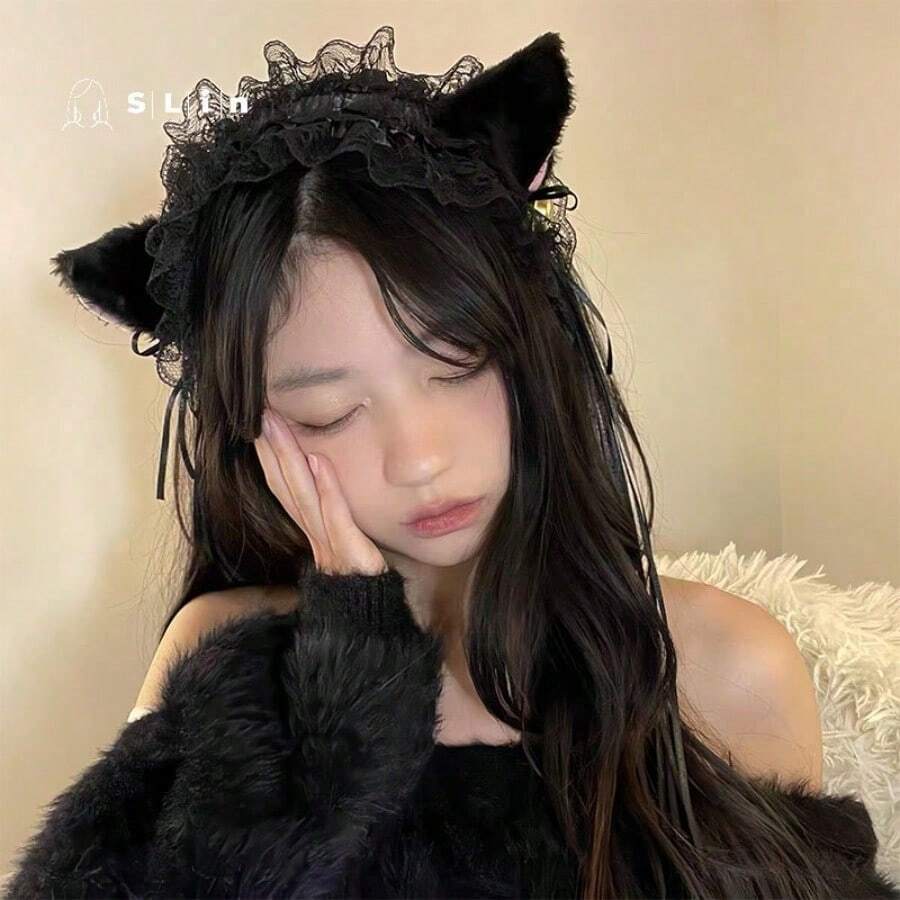 Cute Cat Ears Headband Pure Lace Bell Headband Internet Celebrity Cat Ears Hair Accessories Hairpin  Headband Headband - Black - View 1