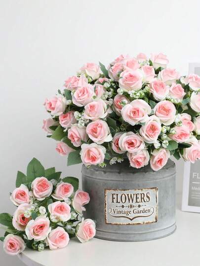 1/2束仿真丝玫瑰花束，11.8英寸假玫瑰，搭配满天星，适用于新娘捧花、周年纪念、婚礼装饰、花瓶装饰、餐桌摆饰及家居装饰、客厅/卧室装饰、情人节派对装饰