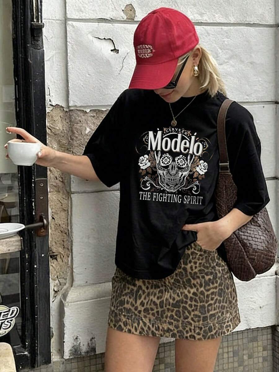 Women's Summer Combat Spirit Graphic Crew Neck Short-Sleeved T-Shirt, Street Casual Style Women's Top, Suitable For Everyday Wear - Black - View 1