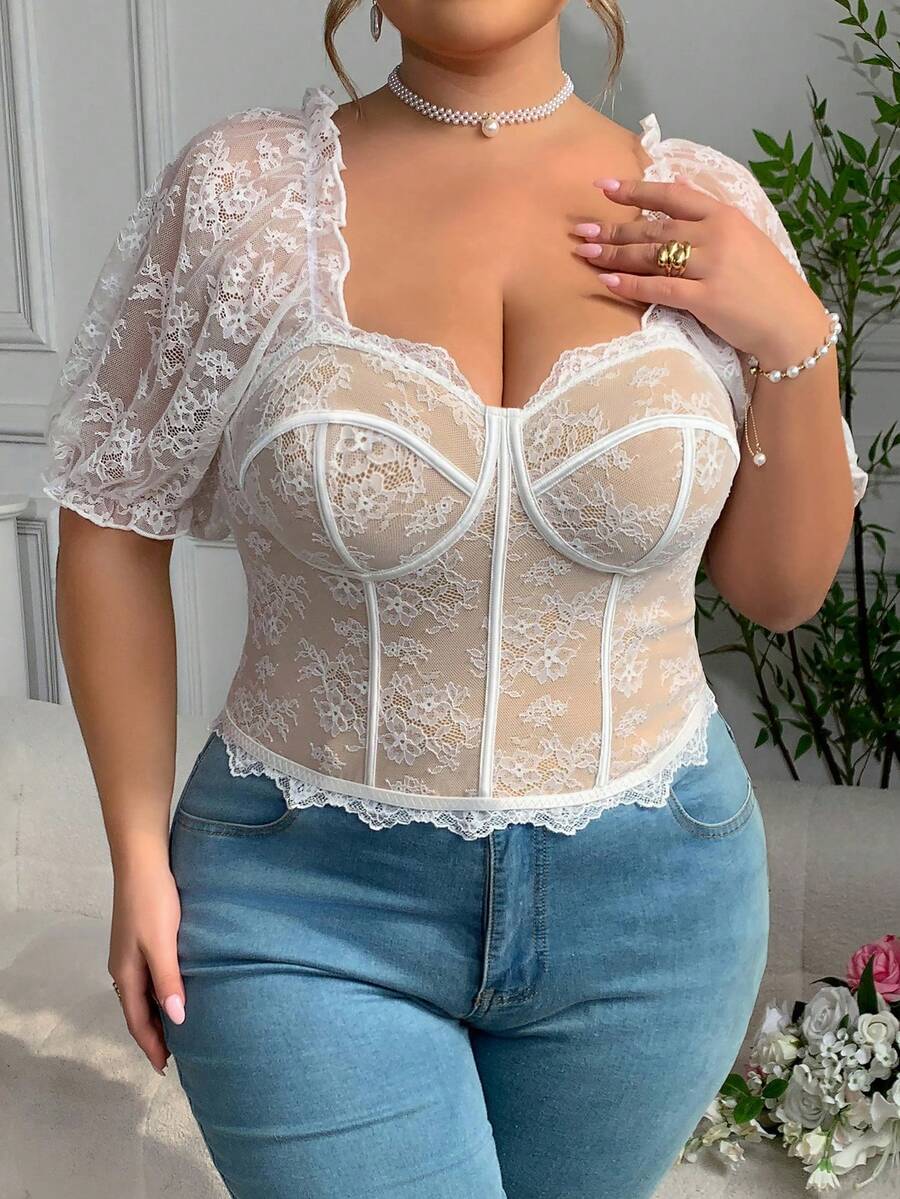 Plus Size Sweet White Lace Corset Puff Sleeves Slim Fit Figure Flattering Top - Apricot - View 1
