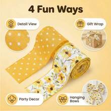 2 Rolls Floral Ribbon With Wire, 2.5 Inch Wide X 10 Yards Long, Total 2 Rolls; Yellow Rain Boot Pattern Spring Ribbon, Plaid And Polka Dot Print, Suitable For Summer Crafts, Gift Wrapping, Wreaths, Bows, Basket Decor - Yellow - View 2