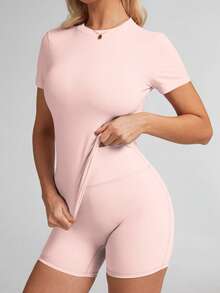 6pecil 女士纯色T恤，适合瑜伽、健身房锻炼、夏季瑜伽服、户外运动服，修身舒适，适合各种体型 - 淺粉色 - 查看 8