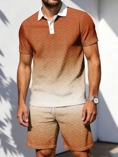 Men's Ombre Short Sleeve Half-Zip Casual Summer Polo Shirt Set