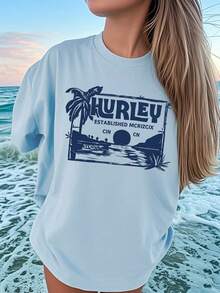 少女休闲印花圆领短袖T恤，夏季上衣 - 淺藍色 - 查看 8