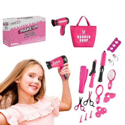 17件套女孩角色扮演美发套装 - 玩具吹风机、卷发棒、造型配件，儿童美发师角色扮演美容套装，含围裙或包包，圣诞节、生日、新年和节日儿童礼物