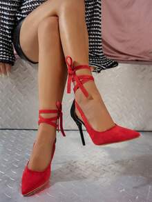 Women's Pointed Toe Suede Criss-Cross Strap Stiletto High Heel Pumps, Minimalist Comfortable Versatile Color Block Dress Shoes, Spring/Summer - Red - View 5