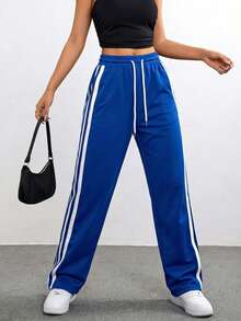 Women's Casual Polyester Jogger Pants With Colorblock Striped Pattern Long Length And Pockets - 藍白色 - 查看 4