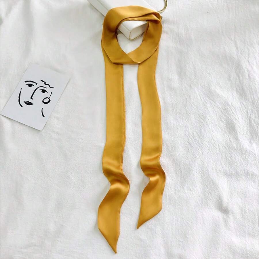 1pc Extra-Long 200cm Solid Color Thin And Narrow Silk Scarf For Women, Versatile As A Small Neck Scarf, Decorative Headband, Or Hair Tie/Ribbon. - 薑黃黃 - 查看 1