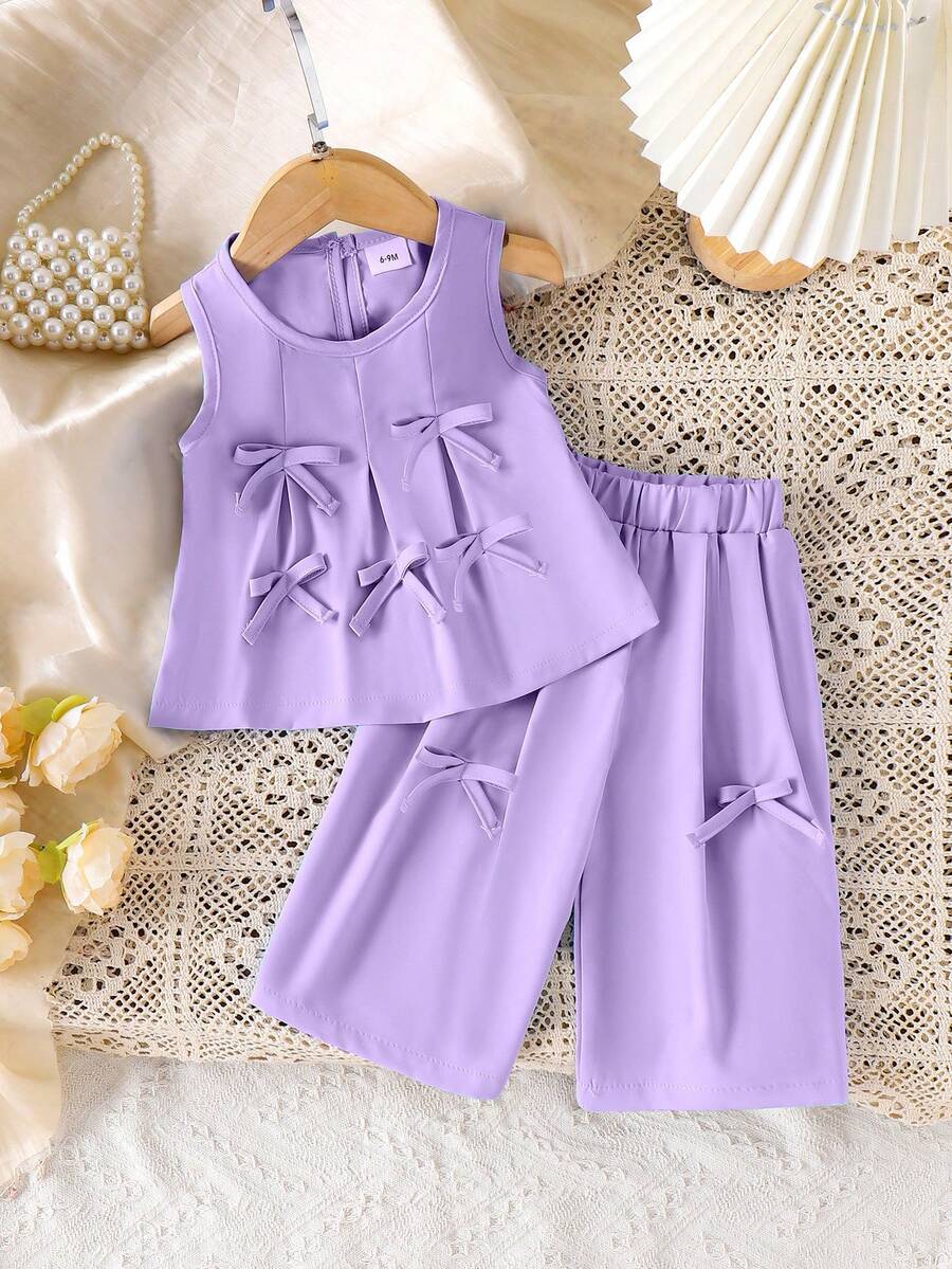 2件套女婴可爱褶皱蝴蝶结无袖上衣和长裤套装，夏季 - 紫色 - 查看 1