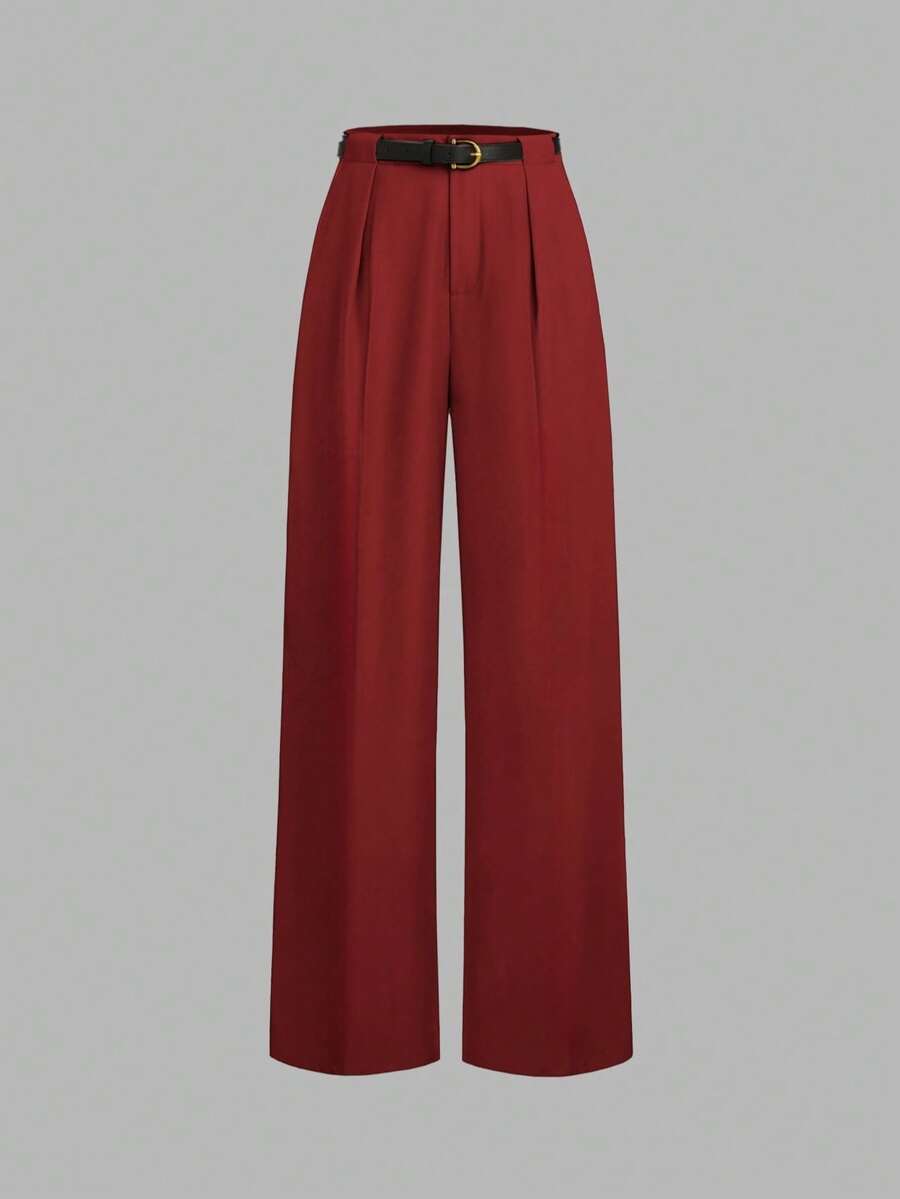 Mid-Rise Solid Color Elegant Straight-Leg Pants With Belt Spring - Red - View 1