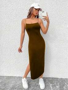 Viscolycra Spaghetti Strap Dress With Side Slit - Chocolate Brown - View 1