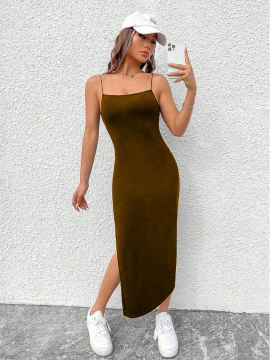Viscolycra Spaghetti Strap Dress With Side Slit - Chocolate Brown - View 1