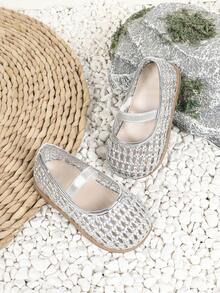 1 Pair Girls Casual Hollow Out Flat Princess Shoes, Suitable For Summer - Silver - View 1