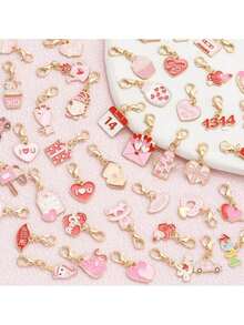 10pcs/Set Random Valentine's Day Theme Red & Pink Heart Keychains Set, Includes Heart & Bouquet Shaped Alloy Pendants, Unique Design, Surprise Gift. Elegant Gift Suitable For Holidays, Birthdays, And Parties. - Multicolor - View 3