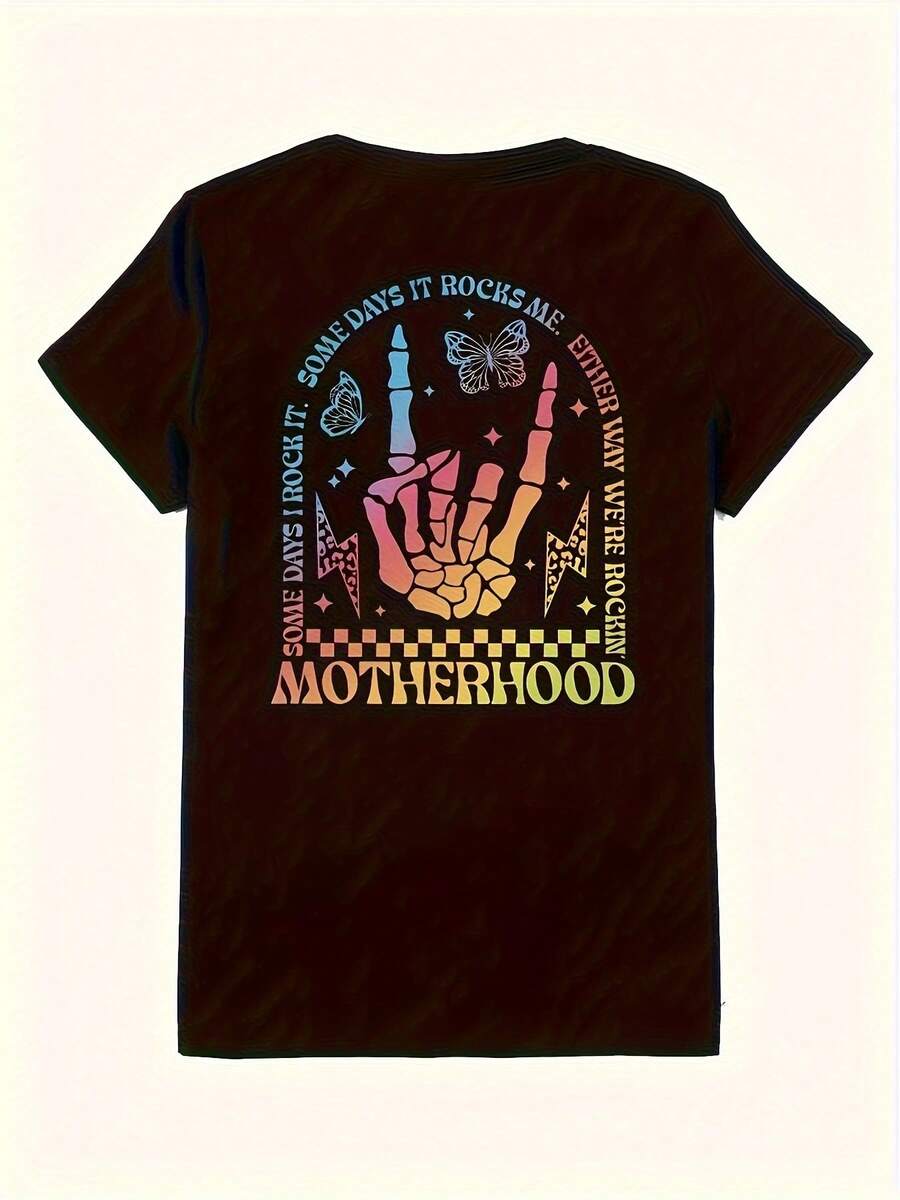 Talla Grande - Camiseta Casual de Talla Grande con Letras Impresas de Doble Cara - Negro - Ver 1