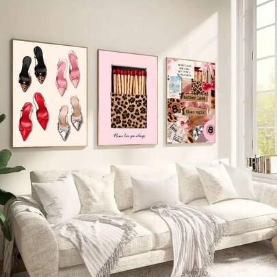 Set Of 3 Retro Leopard Print Wall Sticker Set, Poster, Dirty Martini Pattern, Y2K Fashion Decor, Matchbox Print, Aesthetic Dormitory/Apartment Decoration, Frameless