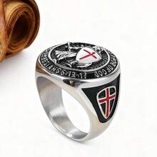 Ritter Templer Schild Design Edelstahl Ring, "Zieht die ganze Waffenrüstung Gottes an" (Epheser 6:13-17), Rotes Kreuz Muster Herren Ring - Schild - Übersicht 6
