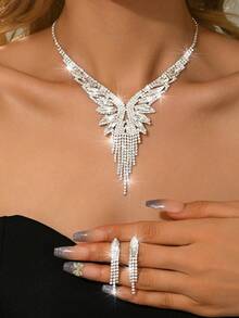 3pcs/4pcs/5pcs/Set Luxury Bridal Full Crystal Jewelry Set, Including Necklace And Earrings, Red,Silver, Green, Black (Multiple Choices) - Silver - View 13
