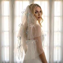 1pc Handmade Elegant Bow Pearl Double-Layer Bridal Headpiece Veil, Wedding, Valentine's Day, Proposal, Photo Prop - Multicolor - View 2