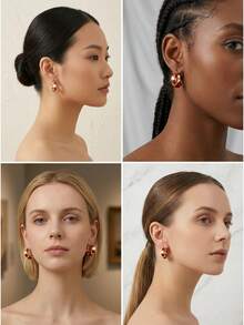 Vintage-Inspired Lightweight Hoop Earrings - Gold Metal With Deep Red Accents & Crystal Embellishments, Effortless Ear Clasp Design For Work & Weekend Wear - Red - View 5