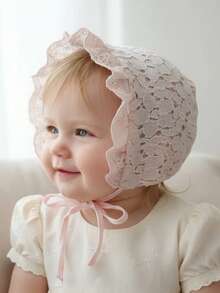 1pc Vintage Lace Embroidered Floral Baby Bonnet, 0-12 Months (Beige/White), Heirloom Christening & Photography Hat, Ultra-Soft Cotton Boho Photo Prop For Newborn Girls/Unisex - 1PC - View 2