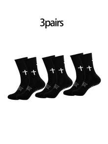 1/3/6双装新款十字纹足球/运动袜，加厚毛圈中筒防滑袜，男女通用 - 黑與白 - 查看 15