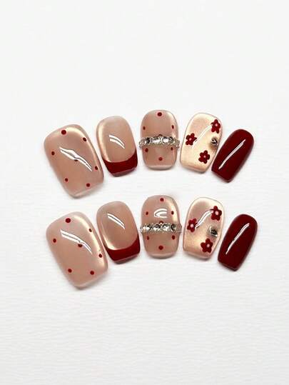 10pcs Pure Handamde Press On Nails Short Nails Square Nails Red Nails Sweet Cool Vintage Style Nude Pink Cat-Eye With Red French Hand-Painted Small Flower Polka Dot Crushed Diamond Chain Embellished Minimalist Gentle Press-On Nails For Women And Girlspring Summer Fall Winter Festivals Party And Dailys Life Use