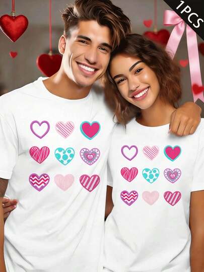 Camisetas Partner con estampado de corazones, tejido de alta calidad, cuello redondo, corte holgado, cómodas, estampado llamativo.