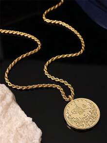 1pc Gold-Plated Women's Necklace With Turkish Coin Pendant, Paired With Braided Chain, Suitable For Various Occasions