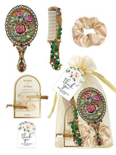 7pcs Vintage Rose Rhinestone Mirror, Comb, 2pcs Gold Hair Clips, Hair Scrunchie, Drawstring Pouch And Thank You Card, Suitable For Bridal Wedding Favors, Birthday Party Bachelorette Gifts, Gifts For Family, Friends, Mom, Girlfriend, Valentine's Day, Mother's Day, For Women Daily Use