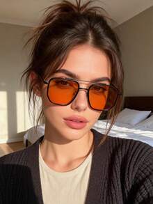 1pc Retro Square Frame Double Bridge Women's Glasses, Fashionable High-End Street Style Eyewear - Black Frame Orange Lenses - View 3