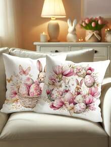 4pcs Easter Bunny & Egg Decorative Pillow Covers - Pink & Brown Floral Design With Playful Bunnies & Eggs, Polyester, Machine Washable, Perfect For Living Room, Bedroom, Or Sofa Decor, Seasonal Home Decor | Playful Design | Zippered Pillowcase, Easter Decorations - Pink - View 5